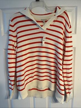 Talbots White and Orange Striped Knit Sweater